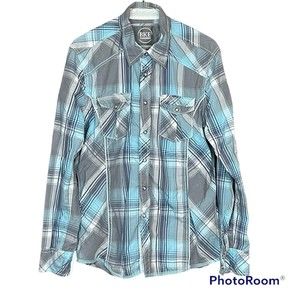 Buckle Black Athletic Fit Men’s Grey and Blue Plaid Button Down Shirt Sz Medium